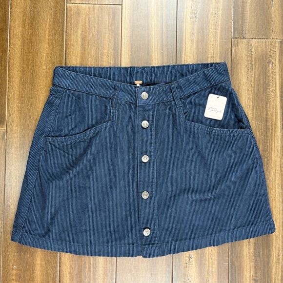 NWT Free People Navy Corduroy Mini Skirt Button Up w/ Pockets Belt Loops - Picture 1 of 7